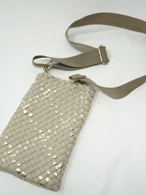 Haute Shore - Shay Buff Woven Phone bag, Beige W/Gold Metallic Accents